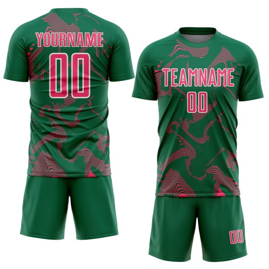 Maillot de football vert sublimation lignes néon courbe rose-blanc Kelly uniforme sport personnalisé