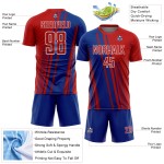Maillot de football personnalisé avec lignes de sublimation, uniforme de sport blanc royal, rouge Maillot de football personnalisé avec lignes de sublimation, uniforme de sport blanc royal, rouge