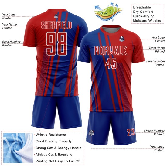 Maillot de football personnalisé avec lignes de sublimation, uniforme de sport blanc royal, rouge Maillot de football personnalisé avec lignes de sublimation, uniforme de sport blanc royal, rouge