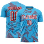 Maillot de football bleu ciel, rouge et blanc, uniforme personnalisé, lignes courbes, sublimation