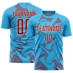 Maillot de football bleu ciel, rouge et blanc, uniforme personnalisé, lignes courbes, sublimation