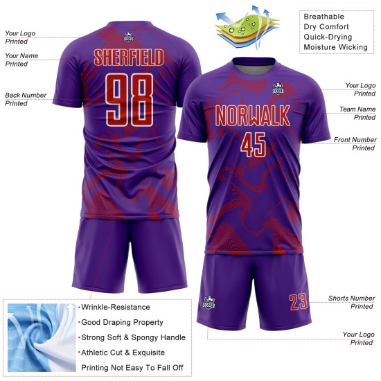 Maillot personnalisé Sports Lines Sublimation Curve Soccer Uniform Violet Rouge-Blanc Maillot personnalisé Sports Lines Sublimation Curve Soccer Uniform Violet Rouge-Blanc