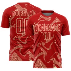 Maillot de sport crème, lignes courbes de football, personnalisé, rouge, sublimation