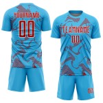 Maillot de football bleu ciel, rouge et blanc, uniforme personnalisé, lignes courbes, sublimation