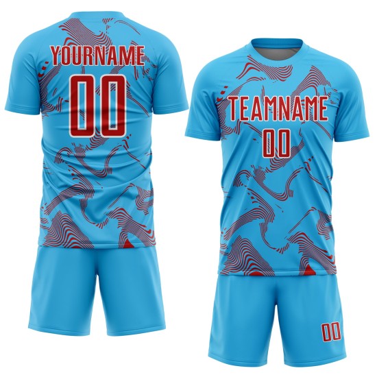 Maillot de football bleu ciel, rouge et blanc, uniforme personnalisé, lignes courbes, sublimation