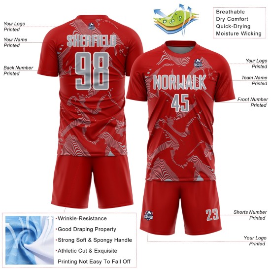 Maillot de football à sublimation gris-blanc, courbes rouges, lignes personnalisées