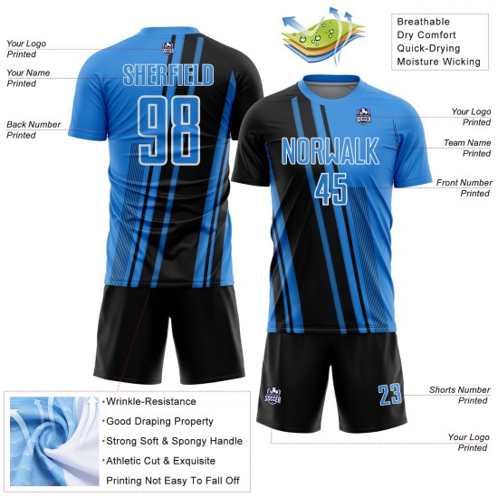 Maillot de football personnalisé à sublimation bleue avec lignes de poudre noir et blanc Maillot de football personnalisé à sublimation bleue avec lignes de poudre noir et blanc