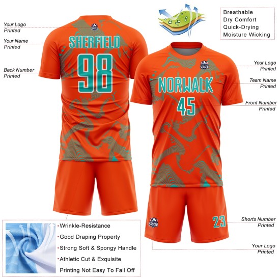 Maillot de football personnalisé orange à sublimation, uniforme de sport, courbe aqua-blanc