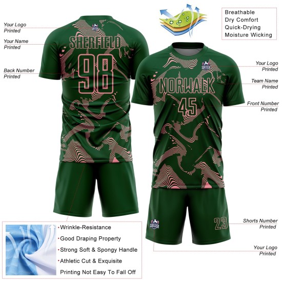 Maillot de football vert à sublimation, uniforme rose, lignes, taille moyenne, personnalisé, sport, courbe