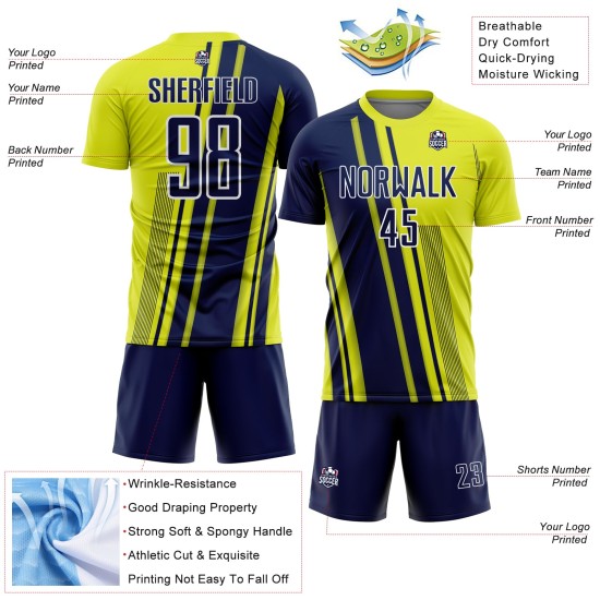 Maillot Uniforme Lignes Néon Jaune Sports Football Bleu Marine-Blanc Sublimation Personnalisé