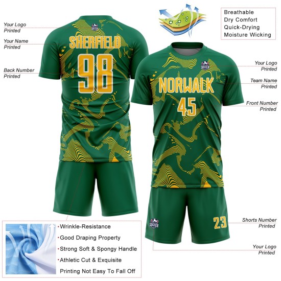 Maillot Kelly Or-Blanc Uniforme Lignes Sublimation Personnalisé Sports Curve Soccer Vert Maillot Kelly Or-Blanc Uniforme Lignes Sublimation Personnalisé Sports Curve Soccer Vert