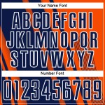 Maillot personnalisé uniforme de football à sublimation bleu marine et blanc, lignes orange, sports Maillot personnalisé uniforme de football à sublimation bleu marine et blanc, lignes orange, sports