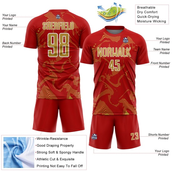 Maillot Old Curve Sublimation Lignes Or-Blanc Personnalisé Rouge Sport Uniforme Football Maillot Old Curve Sublimation Lignes Or-Blanc Personnalisé Rouge Sport Uniforme Football