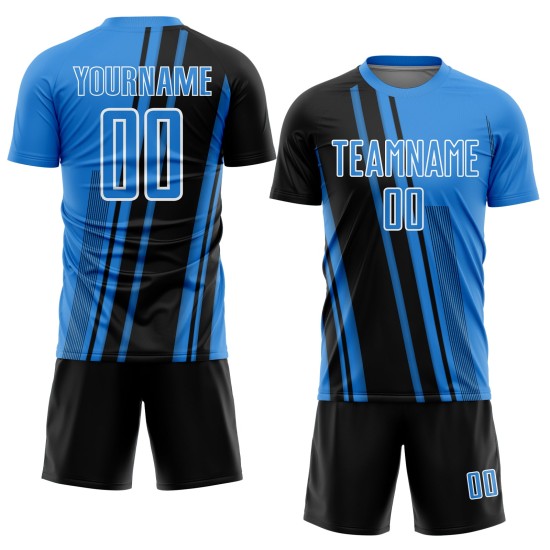 Maillot de football personnalisé à sublimation bleue avec lignes de poudre noir et blanc Maillot de football personnalisé à sublimation bleue avec lignes de poudre noir et blanc