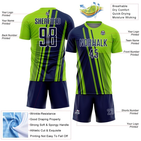 Maillot de football personnalisé à sublimation, lignes vertes, sport, bleu marine fluo et blanc Maillot de football personnalisé à sublimation, lignes vertes, sport, bleu marine fluo et blanc