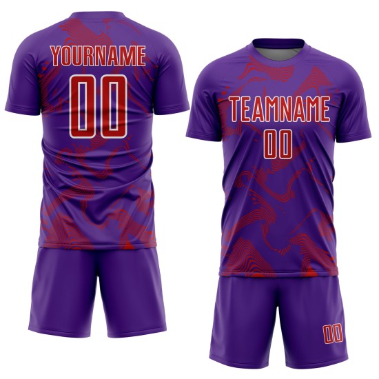Maillot personnalisé Sports Lines Sublimation Curve Soccer Uniform Violet Rouge-Blanc Maillot personnalisé Sports Lines Sublimation Curve Soccer Uniform Violet Rouge-Blanc