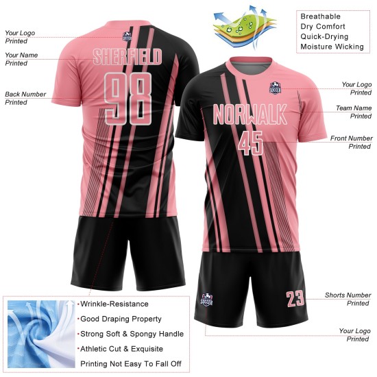 Maillot de football personnalisé à sublimation, noir et blanc, rose moyen
