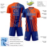 Maillot de football orange à sublimation, uniforme sportif personnalisé, lignes bleu royal et blanc