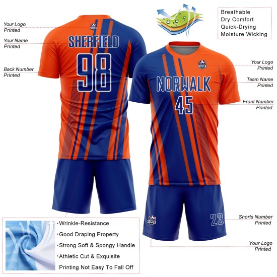 Maillot de football orange à sublimation, uniforme sportif personnalisé, lignes bleu royal et blanc