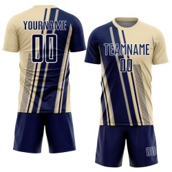 Maillot de football crème bleu marine et blanc, uniforme sportif à sublimation, lignes personnalisées