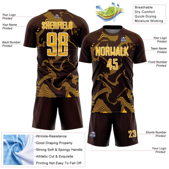 Maillot de football marron personnalisé, lignes courbes, uniforme de sport par sublimation, or et blanc