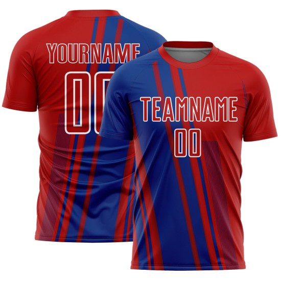 Maillot de football personnalisé avec lignes de sublimation, uniforme de sport blanc royal, rouge Maillot de football personnalisé avec lignes de sublimation, uniforme de sport blanc royal, rouge