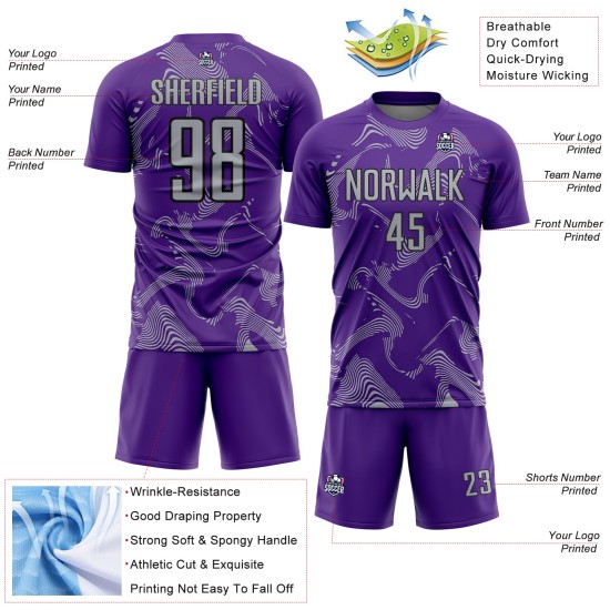 Maillot de football personnalisé gris-noir, lignes violettes, sublimation, Curve Sports Maillot de football personnalisé gris-noir, lignes violettes, sublimation, Curve Sports