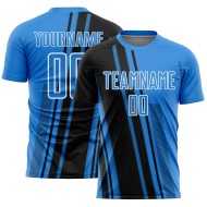 Maillot de football personnalisé à sublimation bleue avec lignes de poudre noir et blanc