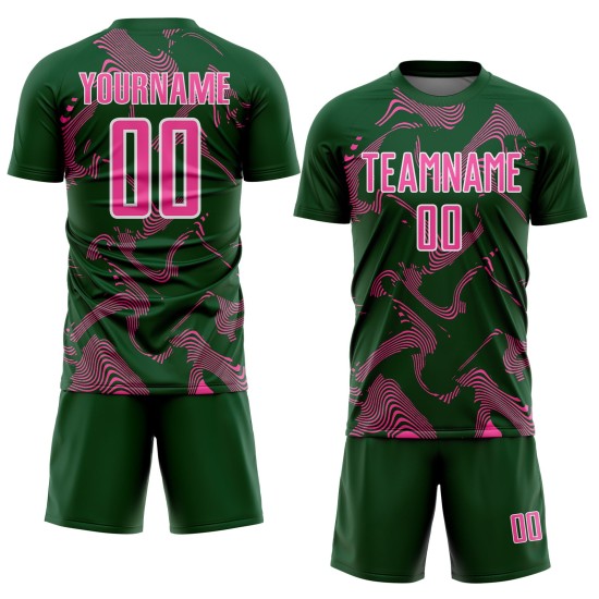 Maillot de football vert à sublimation rose et blanc, lignes sportives courbes personnalisées Maillot de football vert à sublimation rose et blanc, lignes sportives courbes personnalisées