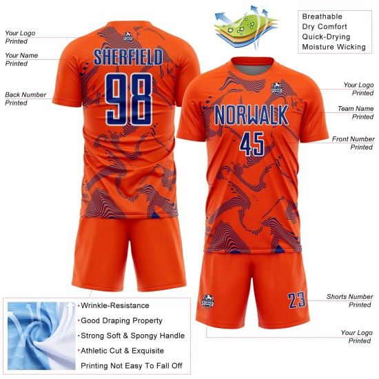 Maillot de football personnalisé à sublimation, lignes blanches et royales, uniforme orange