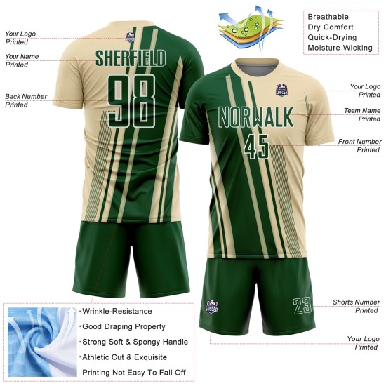 Maillot de football de sport, uniforme, lignes de sublimation crème, personnalisé, vert et blanc Maillot de football de sport, uniforme, lignes de sublimation crème, personnalisé, vert et blanc