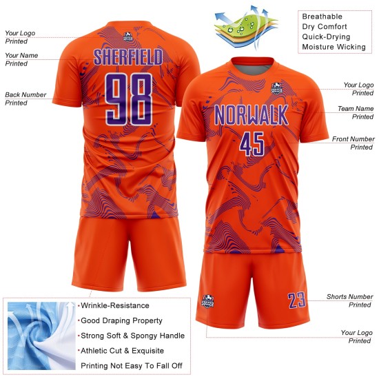 Maillot de football personnalisé violet et blanc, lignes orange et courbes uniformes, sublimation