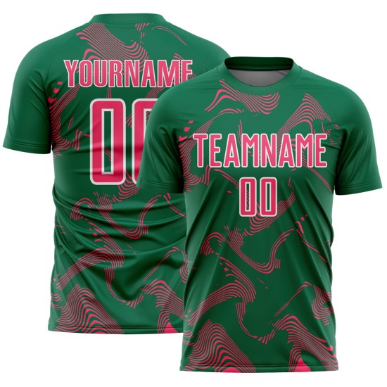 Maillot de football vert sublimation lignes néon courbe rose-blanc Kelly uniforme sport personnalisé