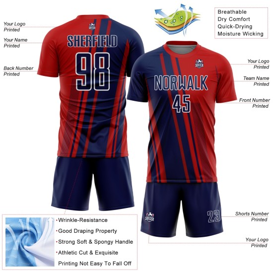 Maillot de football personnalisé à sublimation bleu marine, blanc et rouge Maillot de football personnalisé à sublimation bleu marine, blanc et rouge