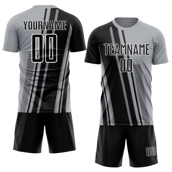 Maillot de football noir et blanc personnalisé à lignes grises par sublimation Maillot de football noir et blanc personnalisé à lignes grises par sublimation