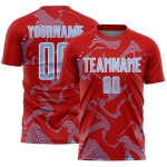 Maillot de football Curve Sublimation bleu clair-blanc, lignes rouges, uniforme de sport personnalisé