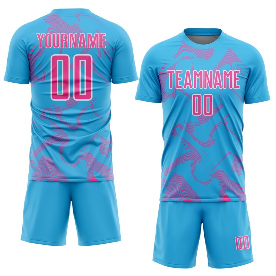 Maillot de football personnalisé rose et blanc, sublimation, bleu, courbe, lignes sportives, ciel
