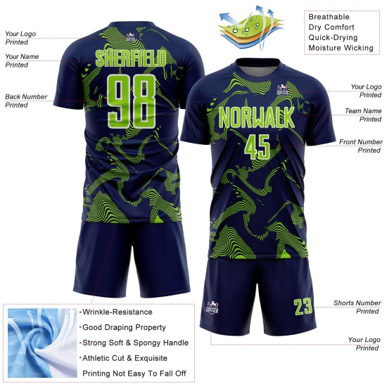 Maillot de sport Navy Lines Sublimation personnalisé Neon Curve Vert-Blanc Uniforme de football