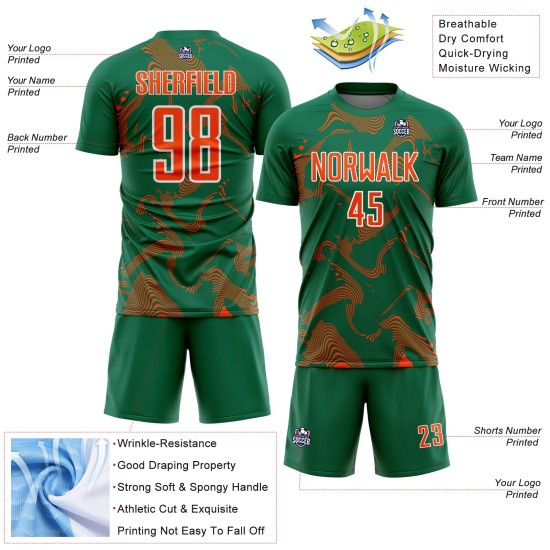 Maillot orange-blanc de sport, uniforme de football vert sublimé, Kelly Lines Curve personnalisé