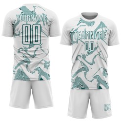 Maillot de football blanc Sports Lines Curve personnalisé bleu sarcelle, sublimation