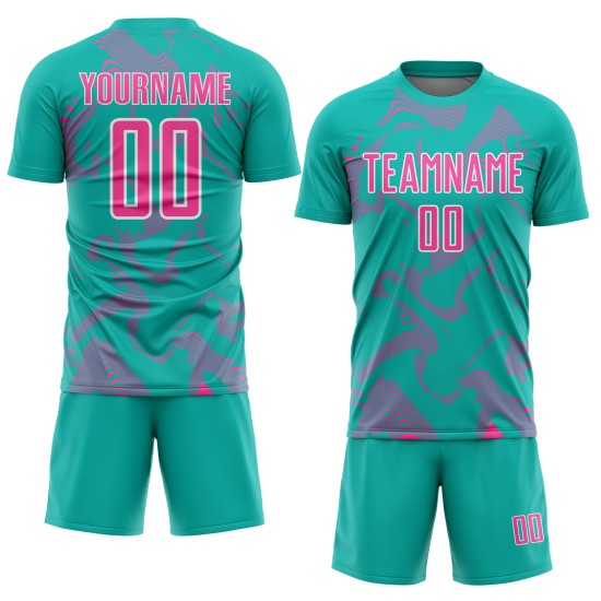 Maillot de football personnalisé à sublimation rose et blanc Lines Curve Aqua