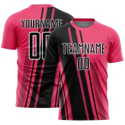 Maillot de football rose fluo à sublimation, uniforme sportif, lignes personnalisées, noir et blanc