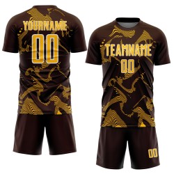 Maillot de football marron personnalisé, lignes courbes, uniforme de sport par sublimation, or et blanc