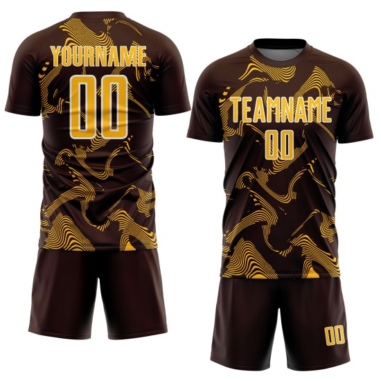 Maillot de football marron personnalisé, lignes courbes, uniforme de sport par sublimation, or et blanc