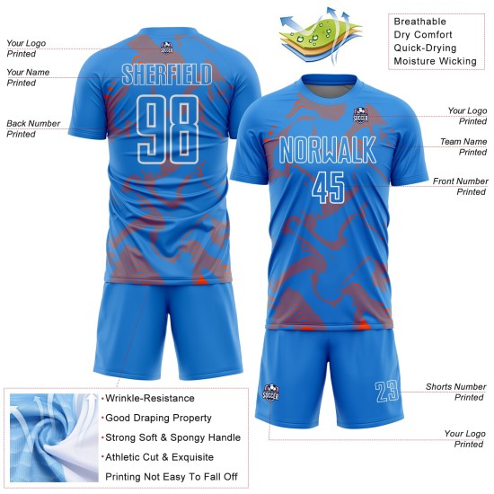 Maillot de football bleu personnalisé avec lignes de sublimation, courbe orange-blanche Maillot de football bleu personnalisé avec lignes de sublimation, courbe orange-blanche