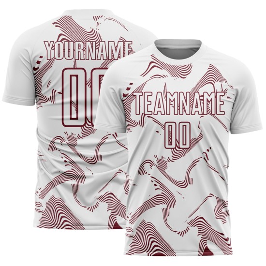 Maillot de football blanc à lignes uniformes et courbes, bordeaux, sublimation personnalisée