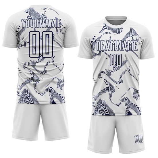 Maillot de sport bleu marine personnalisé, lignes courbes, uniforme de sublimation blanc Maillot de sport bleu marine personnalisé, lignes courbes, uniforme de sublimation blanc