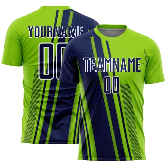 Maillot de football personnalisé à sublimation, lignes vertes, sport, bleu marine fluo et blanc Maillot de football personnalisé à sublimation, lignes vertes, sport, bleu marine fluo et blanc