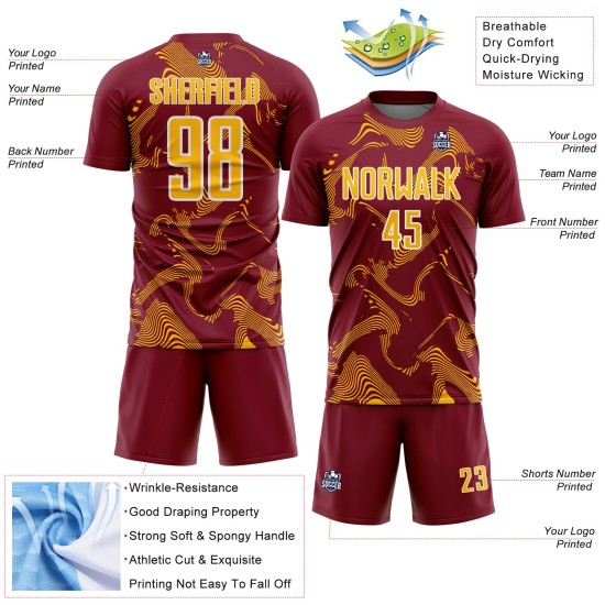 Maillot de football sportif Crimson Custom Lines Curve Uniform Sublimation Or-Blanc