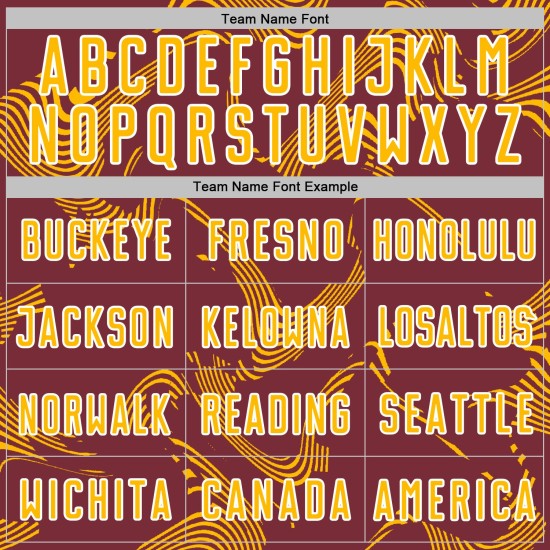 Maillot de football personnalisé à sublimation dorée et blanche bordeaux avec lignes courbes sportives